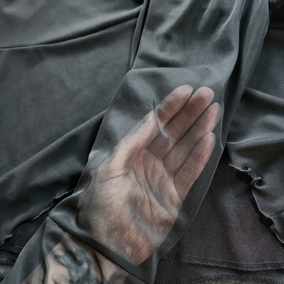 Y2K Younique Black Sheer Bell Sleeve Keyhole Tie Top Sz L - Picture 6 of 7